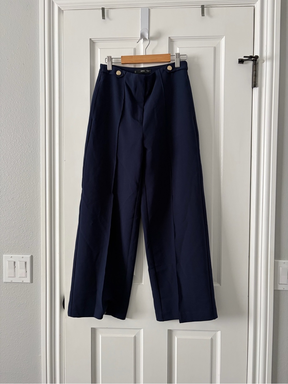 Mango Navy High-Waist Trousers with Gold Button Detail
